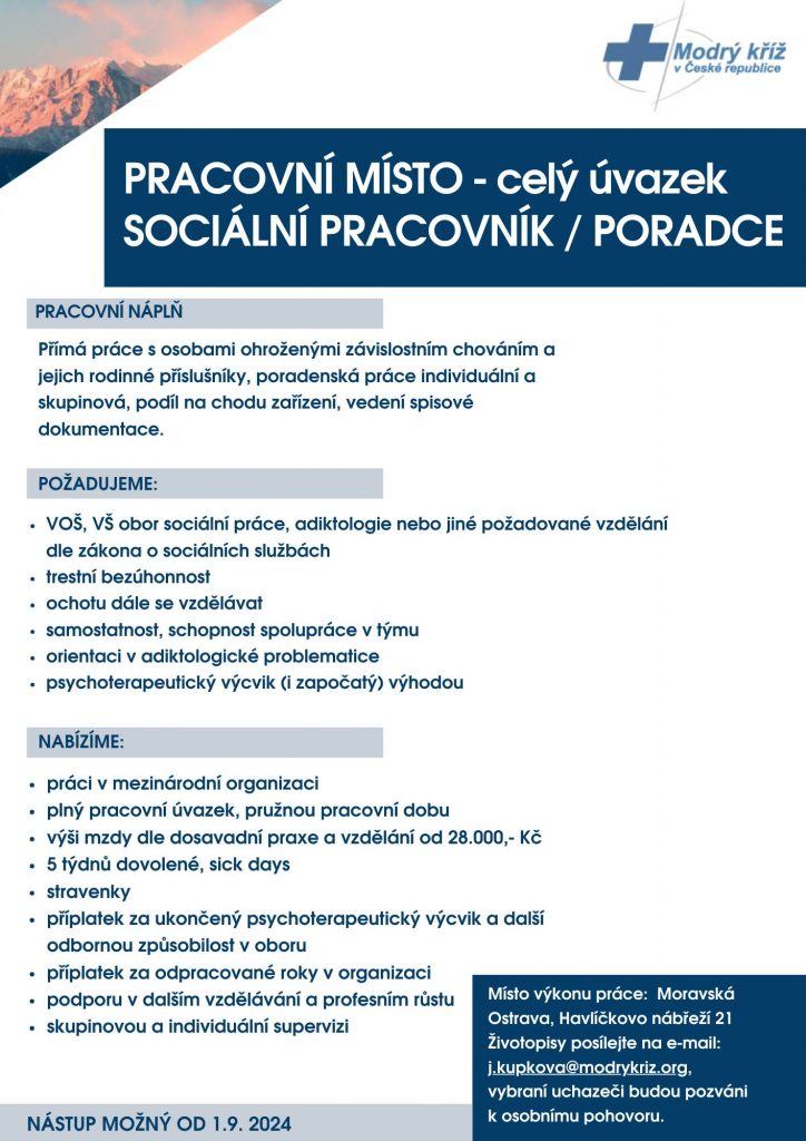 Inzerát k pracovnímu místu Sociální pracovník / poradce, Modrý kříž